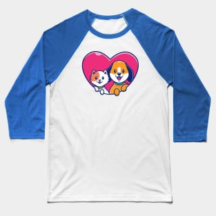 Cute Dog And Cute Cat Cartoon (3) Baseball T-Shirt